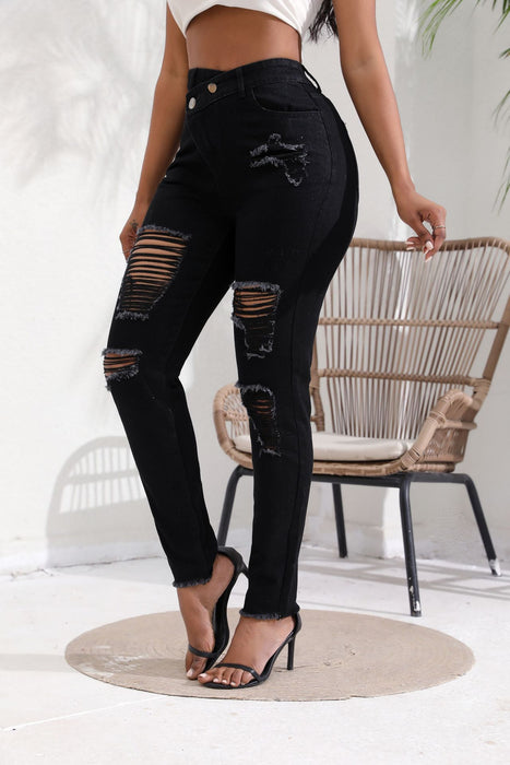 Skinny Ripped Trousers Sexy High Waist Black Jeans for Women