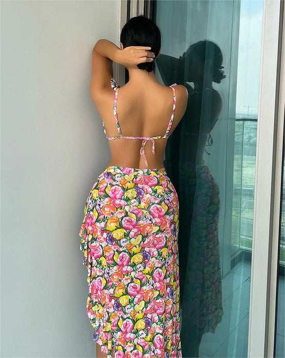 Bikini Big Floral Skirt Sexy Bikini Swimwear Three Piece Swimsuit