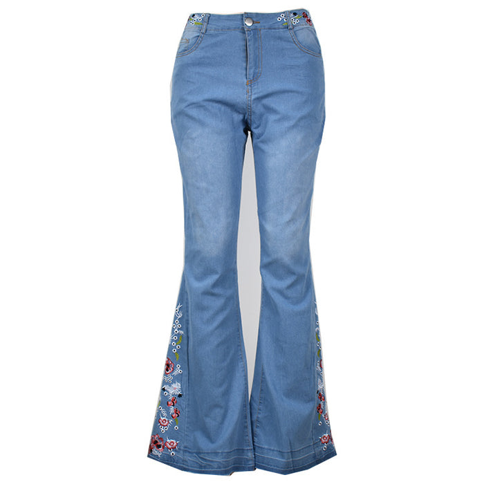 Women Jeans Embroidered Washed Flared Jeans Trousers