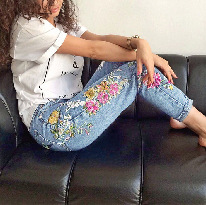 Women Clothing Bird Floral Front Rear Embroidered High Waist Straight Irregular Asymmetric Worn Jeans