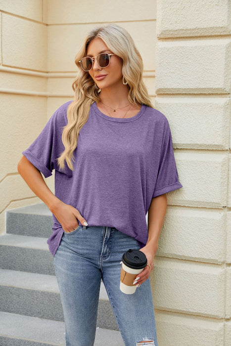 Spring Summer Solid Color round Neck Loose Short Sleeve T shirt Top Women