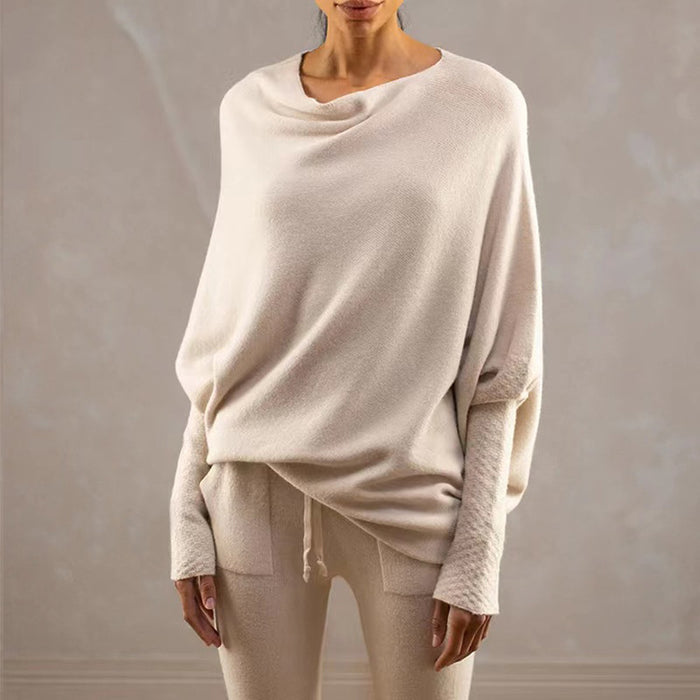 Solid Color off Neck Knitted Pullover Loose All Matching Batwing Sleeve Knitwear Top