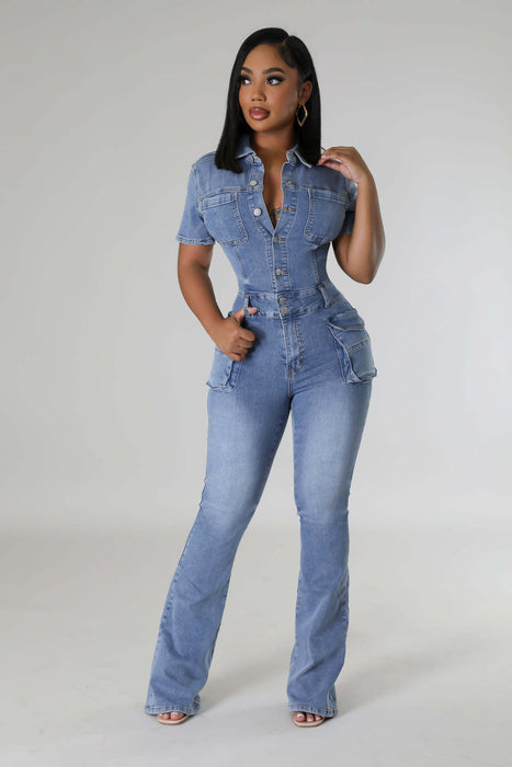 Waist Slim Elastic Fried Floral Wash Denim Jumpsuit Jumpsuit Bell Bottom Pants