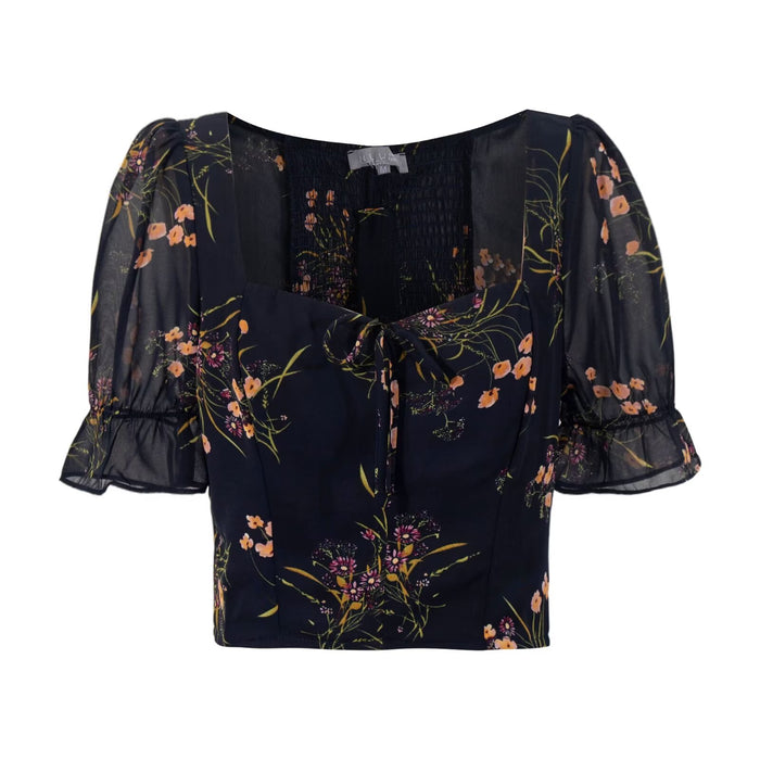 Early Spring French Romantic Casual Floral Sexy Square Neck Bandage Decoration Puff Sleeve Shirt