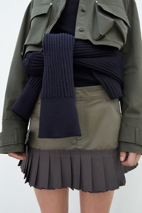 Spring Women Army Green Pleated Skirt Little Short