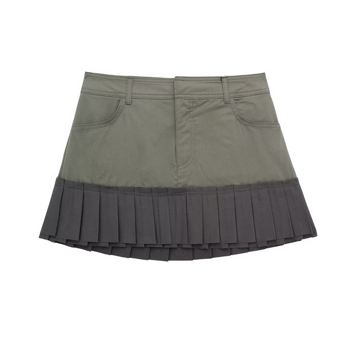 Spring Women Army Green Pleated Skirt Little Short