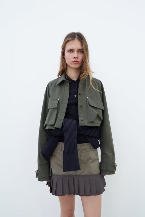 Spring Women Army Green Pleated Skirt Little Short