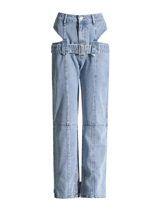 Spring Cropped Outfit Straight Leg Pants Design Overalls Trousers Washed Jeans Women