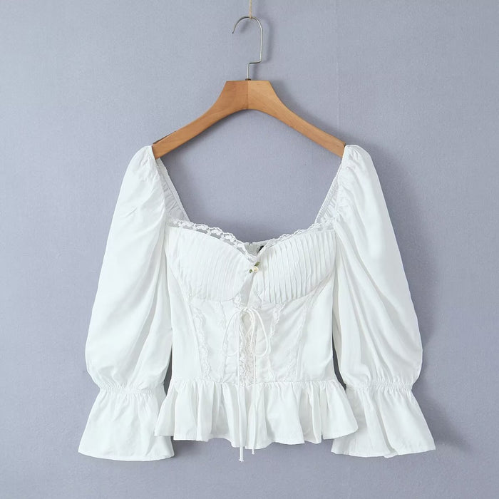 Ruffled Square Collar Lace Up Pleated Waist Tight Puff Sleeve Short Shirt Long Sleeve Top Women