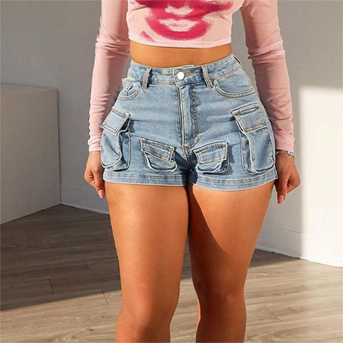 Women Clothing Spring Summer Slim Fit Workwear Bag Three Dimensional Pocket Multi Bag Stretch Denim Shorts