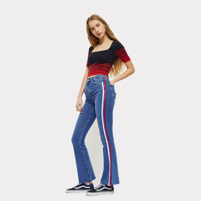 Women High Waist Denim Bell Bottom Pants Wide Leg Jeans Stitching Two Color Ribbon Skinny Jeans