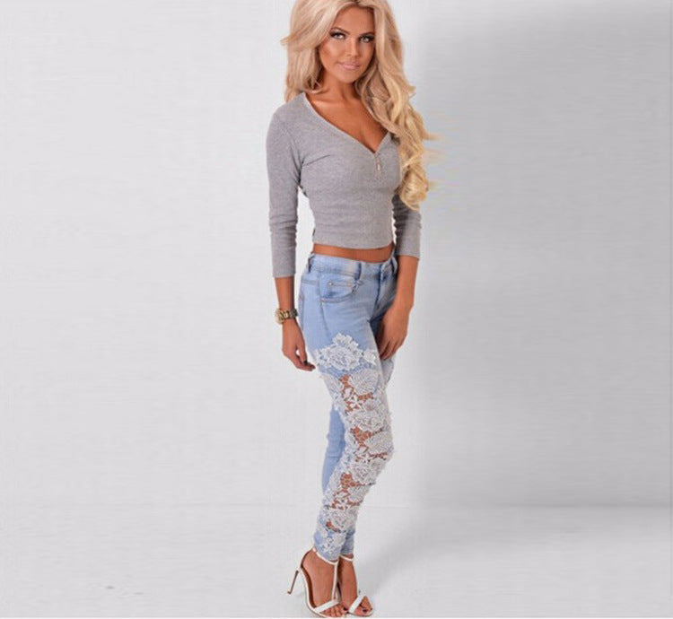 Women Clothing Side Lace Hollow Out Cutout Denim Trousers Skinny Pants Narrow Feet Pants