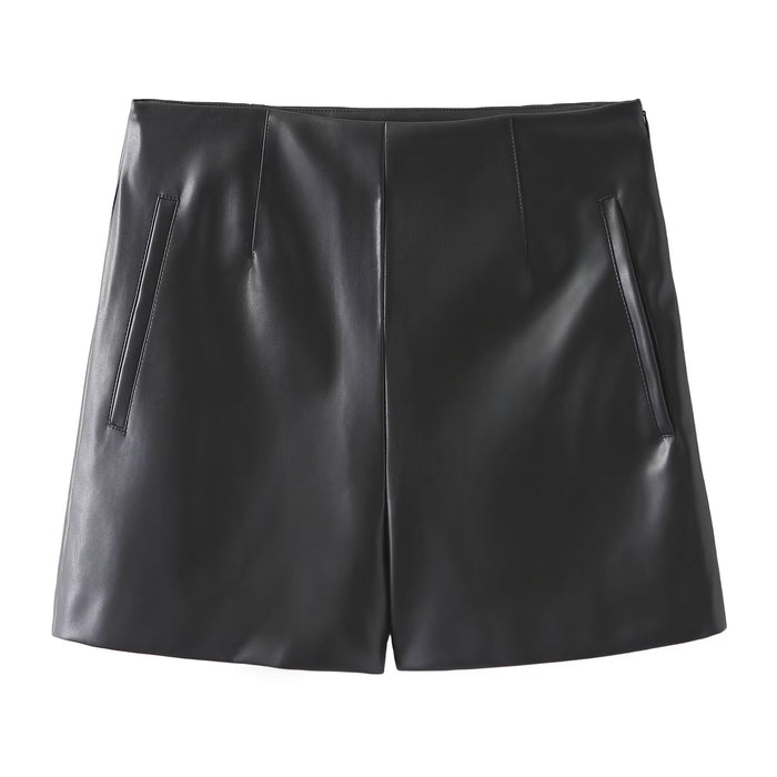 Goods Autumn Small Split A line High Waist Faux Leather Shorts