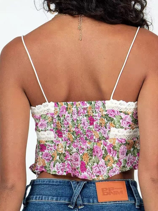 Women Floral Print Lace Stitching Small Slip Top