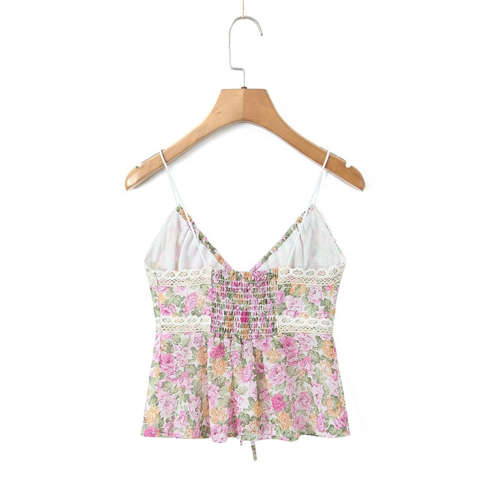 Women Floral Print Lace Stitching Small Slip Top