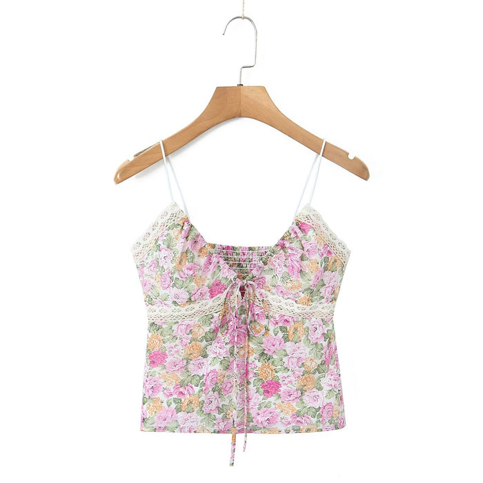 Women Floral Print Lace Stitching Small Slip Top