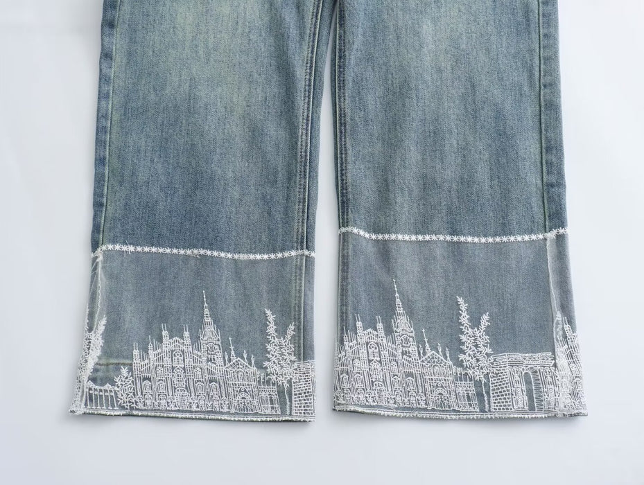 Spring Women Clothing Chinese Traditional Lace Patch Flanging Denim Wide Leg Cropped Pants