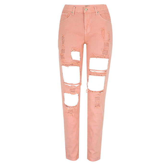 Women Clothing Street Autumn Popular Pinky Orange Bf High Waist Loose Straight Leg Denim Cropped Pants Beggar Ripped