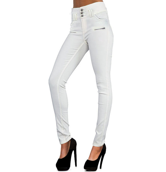 Women High Waist Button Slim Fit Faux Leather Pants Denim Skinny Pants Faux Leather White