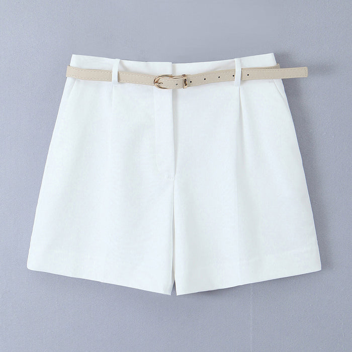 Women Clothing Summer Office Casual With Belt Pleated Wide Leg Shorts