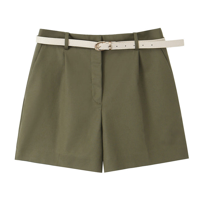 Women Clothing Summer Office Casual With Belt Pleated Wide Leg Shorts