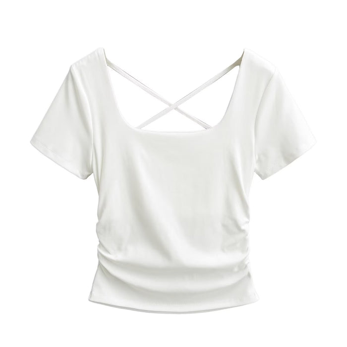 Women Sexy Basic All Matching Cross Hollowed Slim Fit Pleated Short T Shirt