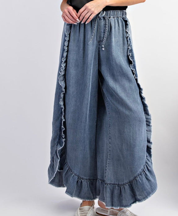 Ladies Spring Summer Bohemian Washed Cotton Denim Ruffled Frayed Hem Bell Bottom Trousers Trousers