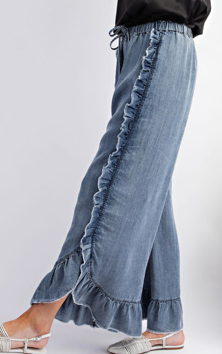 Ladies Spring Summer Bohemian Washed Cotton Denim Ruffled Frayed Hem Bell Bottom Trousers Trousers