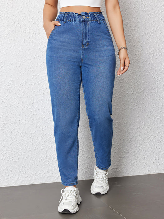 Women Elastic Straight Jeans Popular Casual Slimming Blue Color Trousers Spring Summer