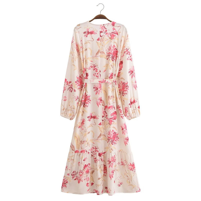 Spring V Neck Long Sleeve Printed Mid Length Shirt Dress Women