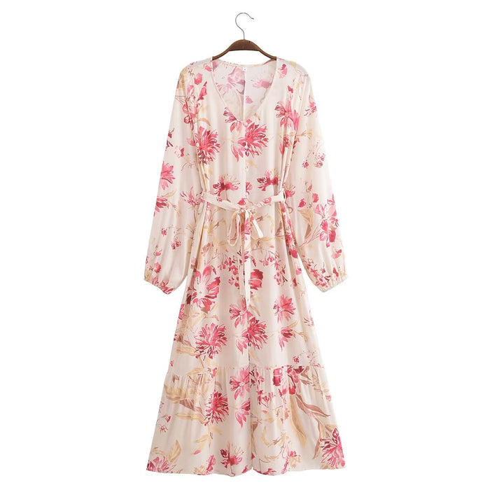 Spring V Neck Long Sleeve Printed Mid Length Shirt Dress Women