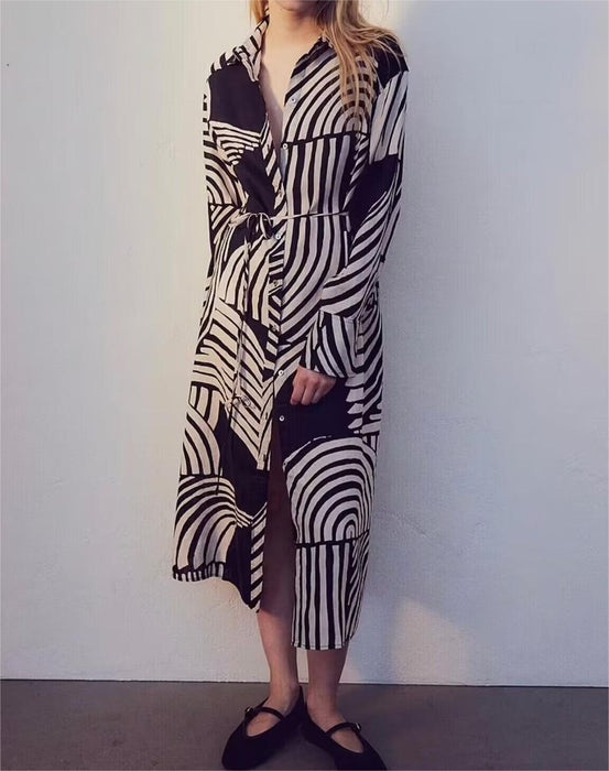 Spring Women Clothing Geometric Abstract Figure Belt Long Shirt Dress