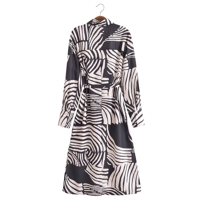 Spring Women Clothing Geometric Abstract Figure Belt Long Shirt Dress