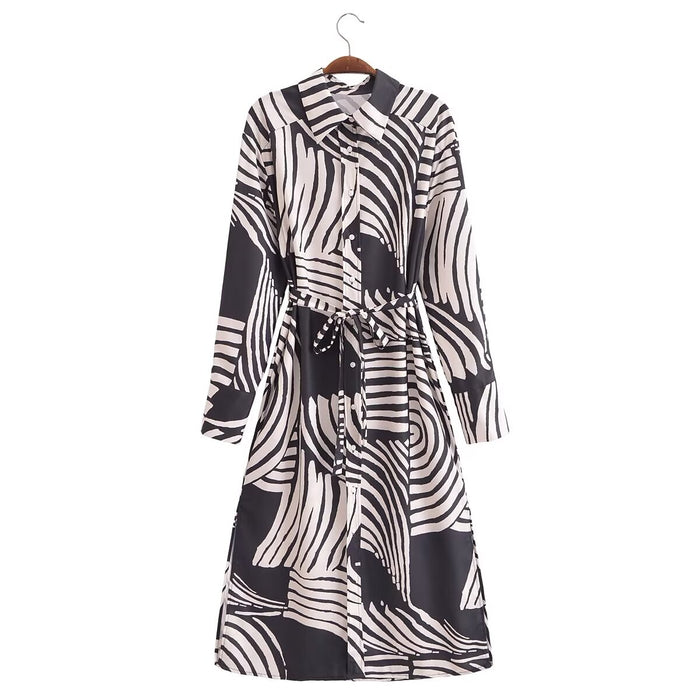 Spring Women Clothing Geometric Abstract Figure Belt Long Shirt Dress