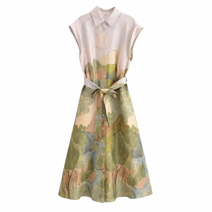 Spring Women Clothing Short Sleeve Printed Shirt Dress