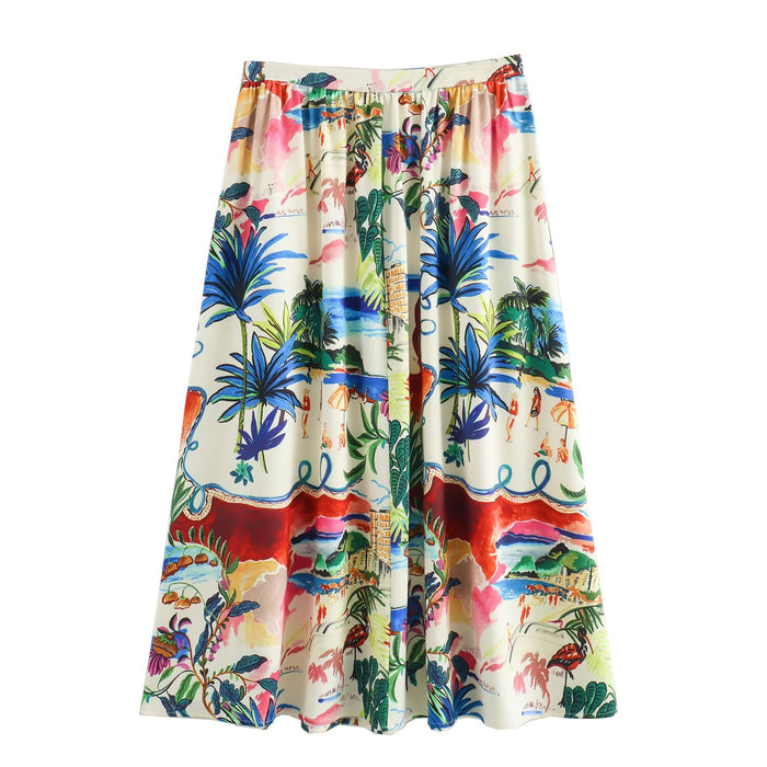 Women Clothing Short Sleeve Printed Shirt Mid Length Skirt Set