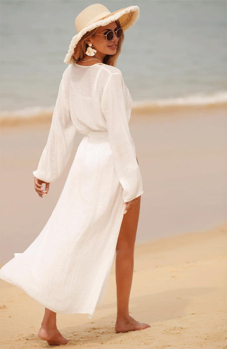 Sexy Beach Blouse Vacation Beach Cover Up Sun Protection Shirt Hollow Out Cutout Out Long Beach Dress Women