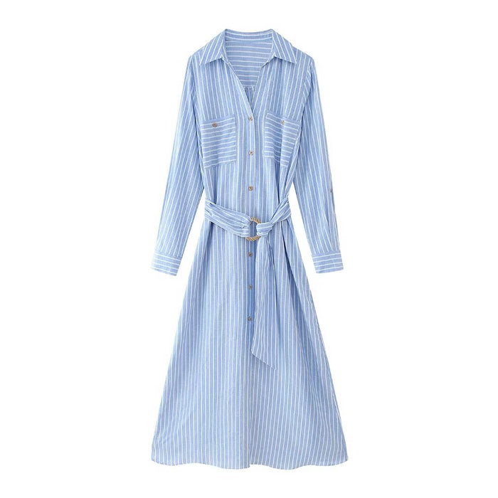 Women Clothing Casual Belt Striped Dress