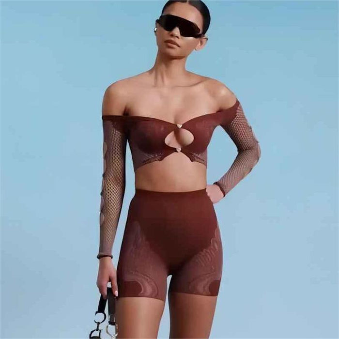 Women Solid Color Off Shoulder Long Sleeves Cropped Top High Cut Slim Shorts One Piece Knitting Suit