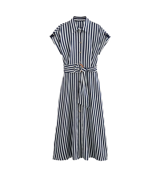 Fall Women Clothing Polo Collar Stripes Single Breasted Waist Slimming Dress Dress