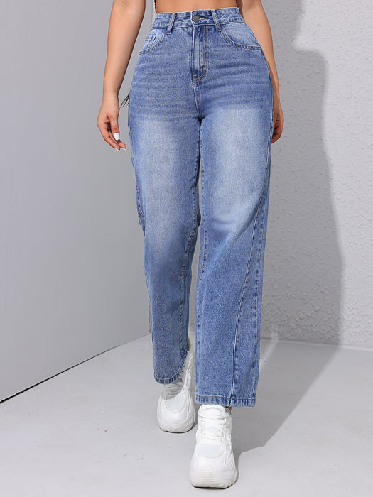 Ladies Straight Jeans Spring Summer High Waist Loose All Matching Slimming Stitching Straight Leg Pants