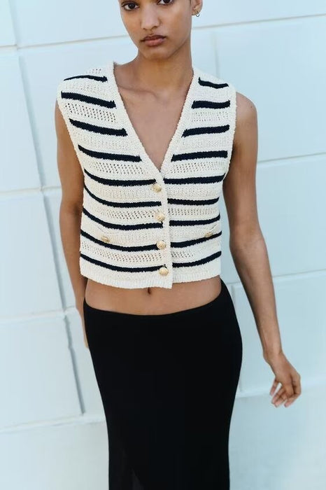 Women Clothing Spring Simple Striped V Neck Knitted Vest Women