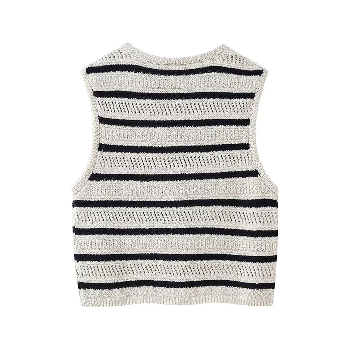 Women Clothing Spring Simple Striped V Neck Knitted Vest Women