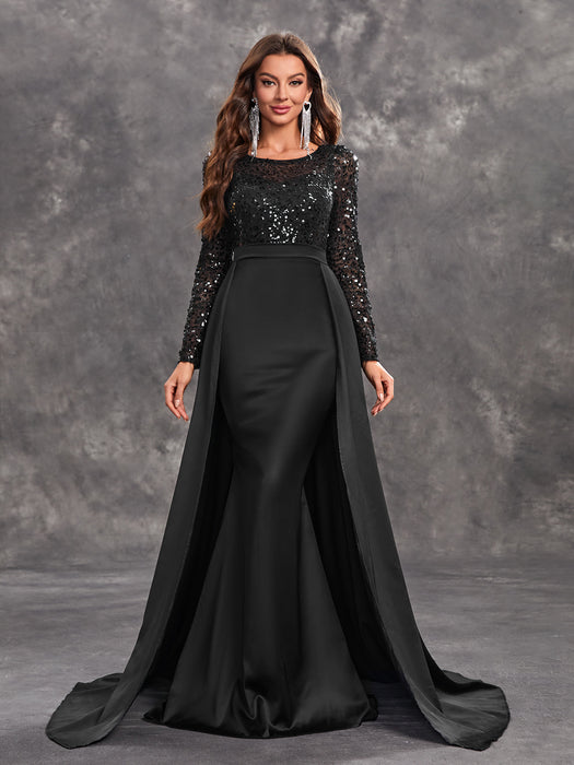 Women Prom Party Dress Sequined Long Sleeve Round Neck Sexy Elegant Black Formal Dress