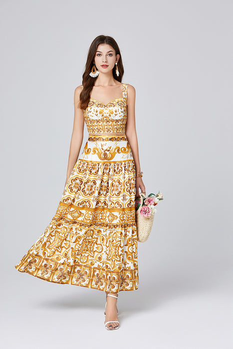 Printed Stitching Contrast Color Three Dimensional Strapless Skirt With Strap Two Piece Set With Chest Pad