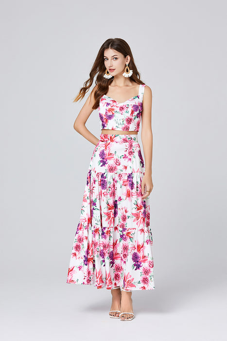 Summer Flower Stitching Three Dimensional Strapless Sling Skirt Two Piece Set With Breast Pad