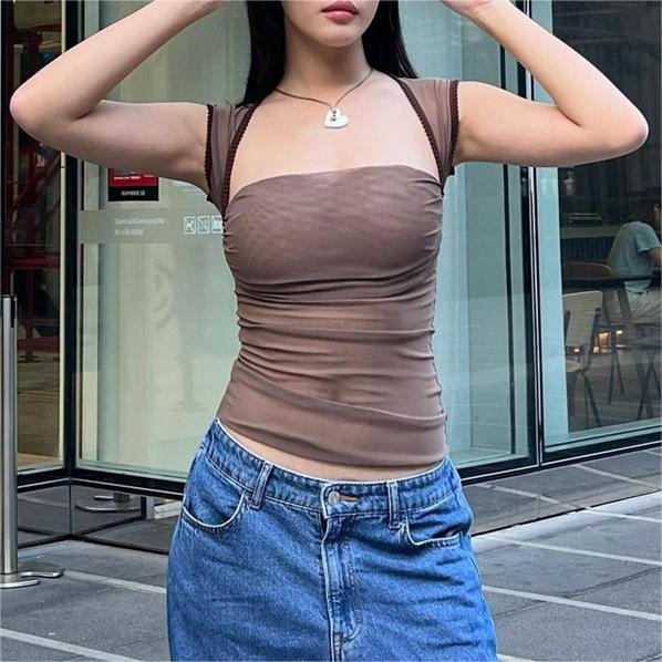 Summer Sexy Square Collar Mesh See through Short Sleeveless Vest for Women