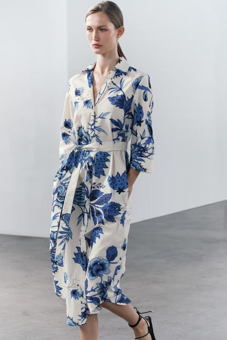 Women Clothing With Belt Printed Shirt Dress Long Dress