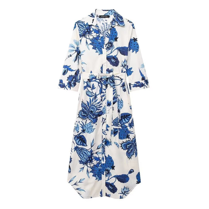 Women Clothing With Belt Printed Shirt Dress Long Dress