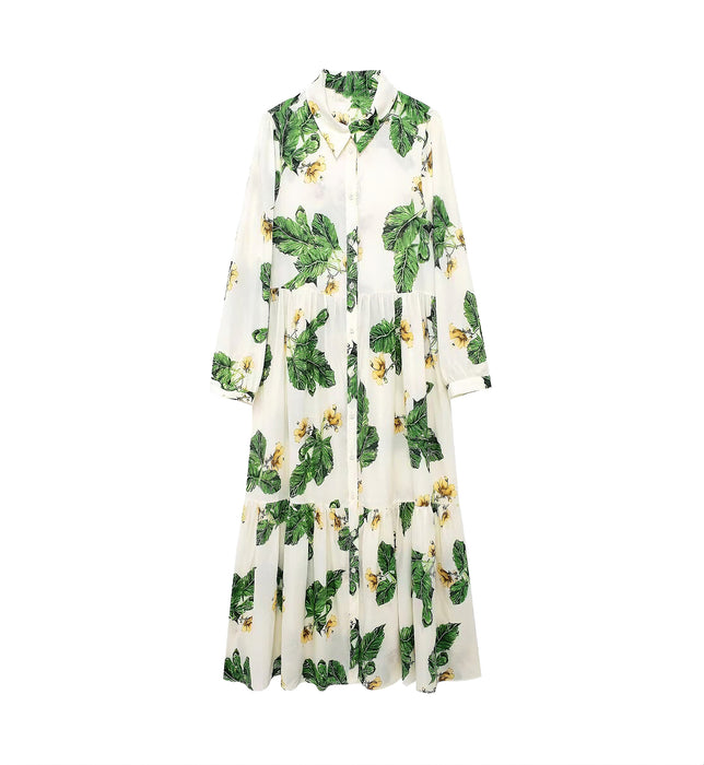 Summer Women Clothing Simple Floral Print Long Sleeve Dress